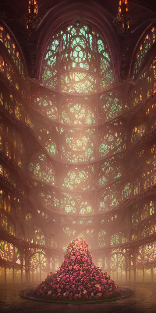 Image similar to the beautiful hyperdetailed physical rendering of a single rose wedding gothic lolita dress clothing design display in exhibition hall, perfectly shaded, atmospheric lighting, in the style of makoto shinkai raphael lacoste louis comfort tiffany stanley artgerm lau wlop rossdraws beeple, surrealistic style, 8 k hd, 3 drender