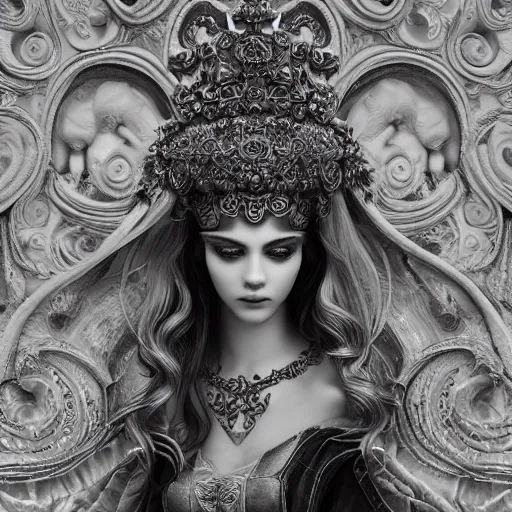 Prompt: wonderful princess made of marble, beautiful face, hyper detailed, flowing psychadelic background intricate and detailed, ornate 8 k gorgeous intricate detailed, octane render, black and white