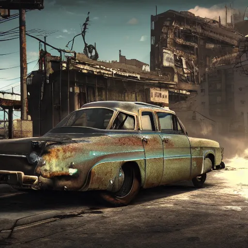 Prompt: fallout 3 concept art car render in unreal 5 ultra realistic