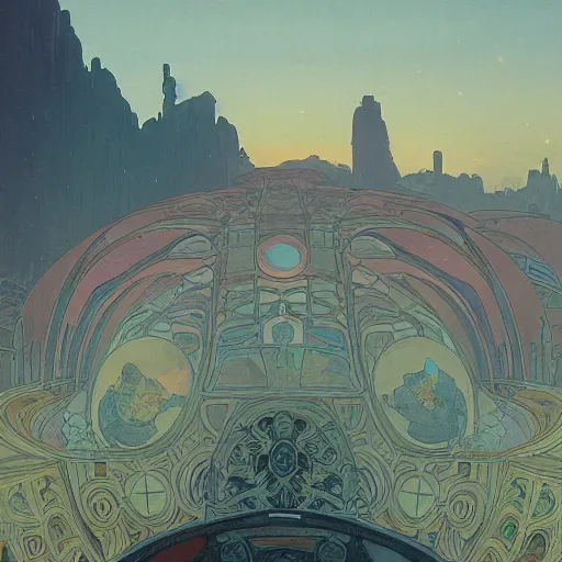 Image similar to An ancient landscape by beeple and Alphonse Mucha, cinematic
