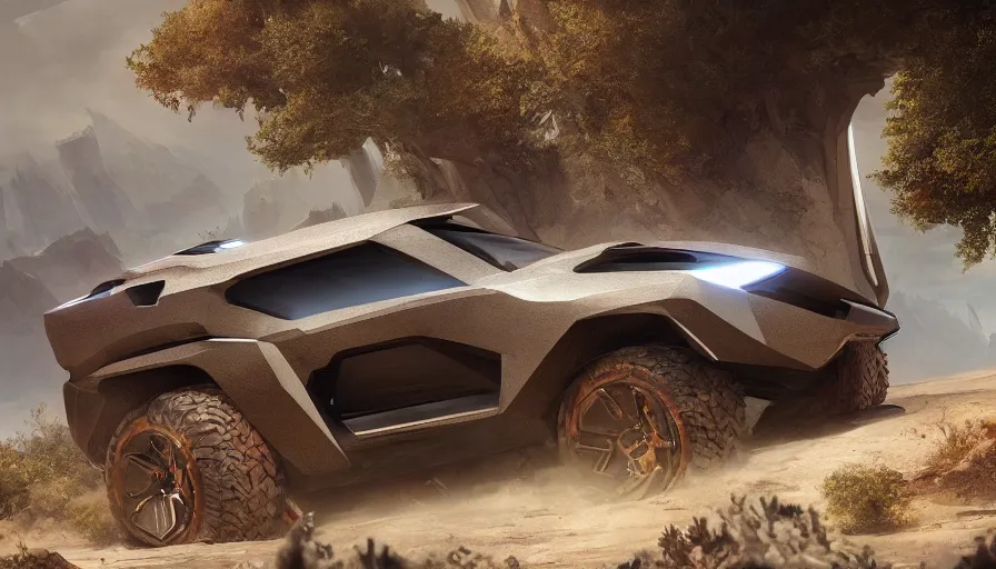 Image similar to a futuristic offroad suv designed by apple on socotra island, artgerm and greg rutkowski and alphonse mucha, an epic fantasy, volumetric light, detailed, trending on art station, octane render, midsommar