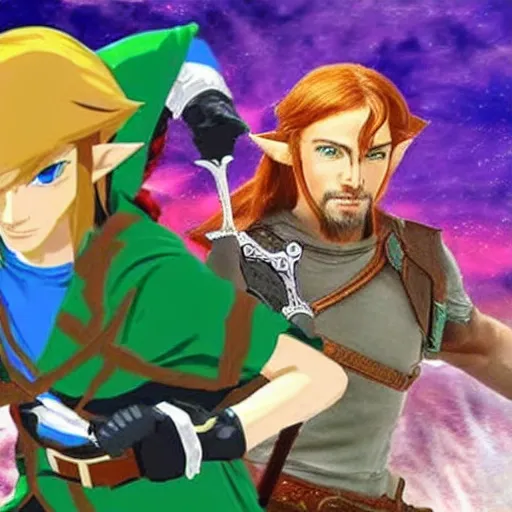 Image similar to Keanu reeves in hyrule as link fighting Donald Trump as Gannon realistic detailed image high resolution photo