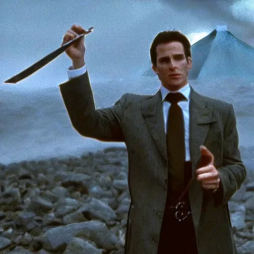 Image similar to film still of patrick bateman holding the one ring at mount doom in the return of the king