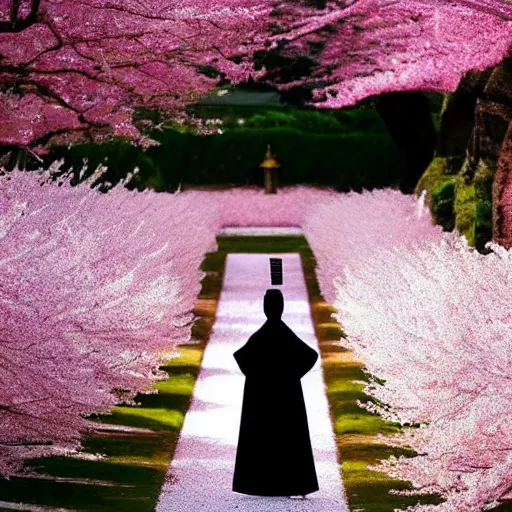 Image similar to a beautiful White cloaked Samurai Warrior with Sword Drawn in a garden of Cherry Blossom Trees :: Mystical, Magical, Supernatural :: by Mitsuru Adachi