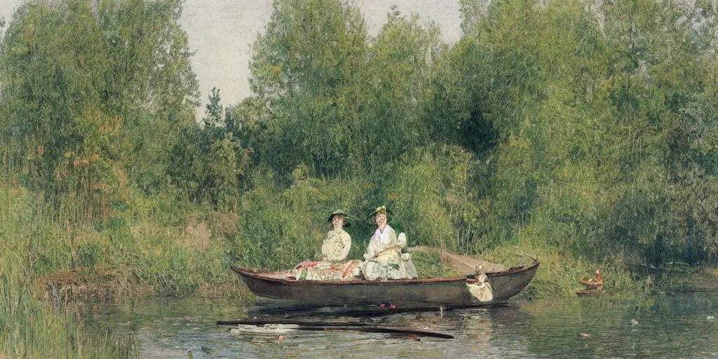 Prompt: An Edwardian woman wearing a green dress sits on a row boat, she is fishing, she is wearing a green hat, trees can be seen in the background, in the style of carl larsson