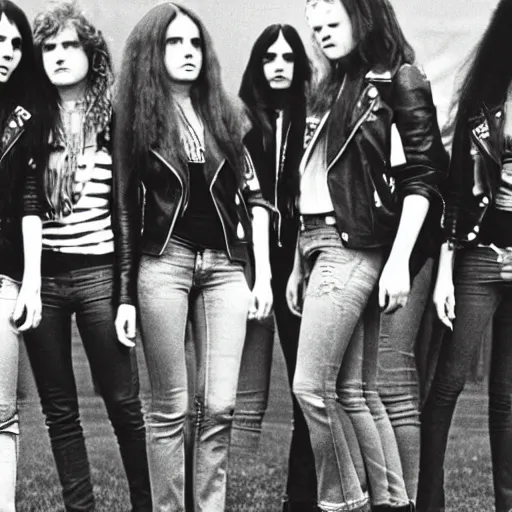 Prompt: group of 1 9 - year - old girls wearing black leather jackets and denim jeans, long wavy hair, proto - metal band promo, band promo, hard rock band, 1 9 7 0 photograph