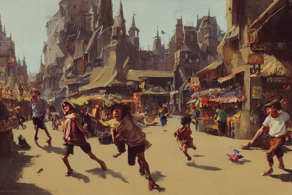 Prompt: Two young thieves chase each other through a fantasy market place full of people, people walks on the village market by john harris