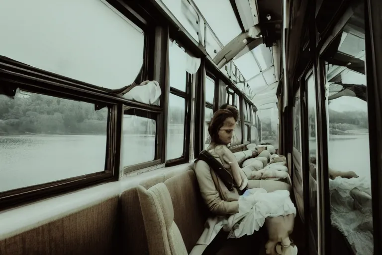 Image similar to Inside the train, some people are sitting, the train is sailing on the water, the windows are fluttering with transparent gauze curtains, the sun shines in, fog and swans over the river, indoor scene, cinematic, 8k, masterpiece, light effect, ue5, photoshop