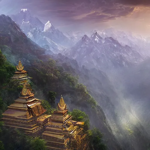 Image similar to a beautiful and highly detailed digital art of nepal in science fiction movie, detailed high buildings and rockets, forgotten valley, nepali architecture buildings, swirling mist, lush forests, intricate details, epic scale, insanely complex, 8 k, sharp focus, hyper realism, fantasy landscape, psychedelic, by caspar friedrich,