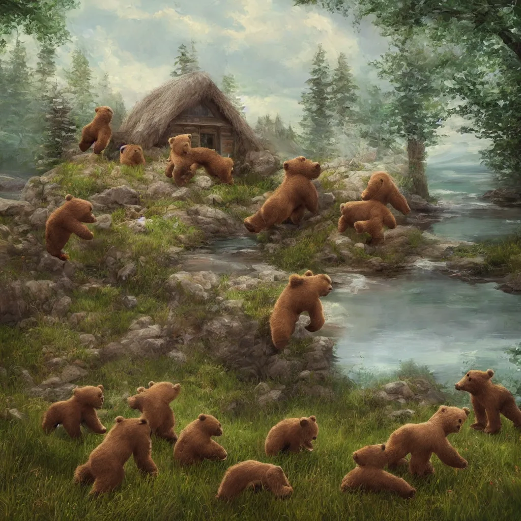 Image similar to cottage with three humanoid bear cubs in front, aesthetic, oil painting, pale colors, high detail, 8 k, wide angle, trending on artstation,