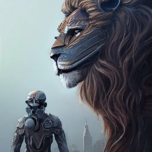 Image similar to Very very very very highly detailed epic zoom out photo of full face with lion venetian mask, intricate, dystopian, sci-fi, extremely detailed, digital painting, artstation, concept art, smooth, sharp focus, illustration, intimidating lighting, incredible art by Artgerm and Vincent di Fate and WLOP