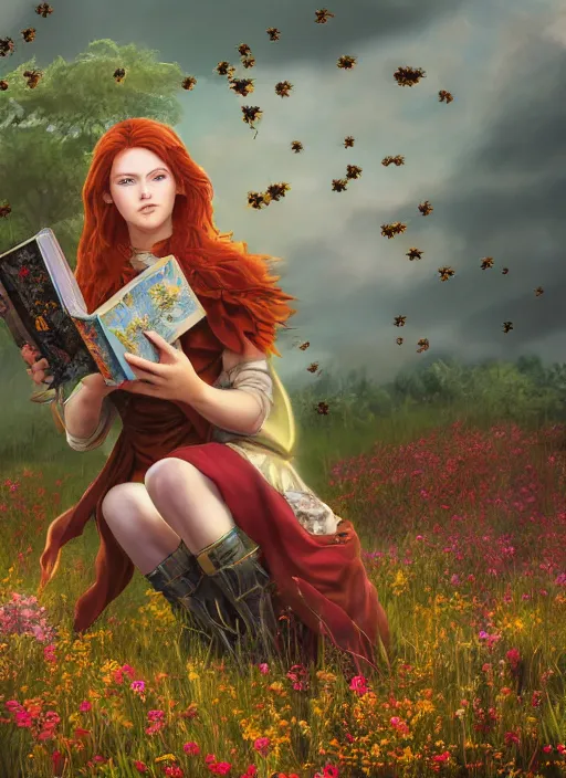 Image similar to An epic fantasy comic book style portrait painting of a young red headed girl reading a book in a field of flowers surrounded by bees in the style of the wheel of time, unreal 5, DAZ, hyperrealistic, octane render, cosplay, RPG portrait, dynamic lighting