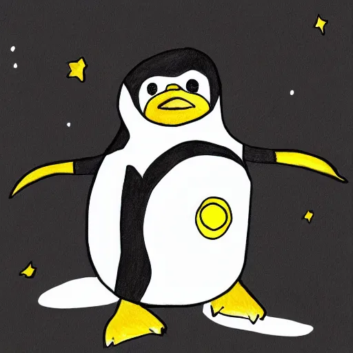 Image similar to cute drawing of a penguin on an astronaut suit, comic style