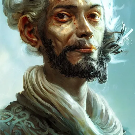 Prompt: portrait, headshot, insanely nice hair style, digital painting, of a old 17th century, old cyborg merchant, amber jewels, baroque, ornate clothing, scifi, realistic, hyperdetailed, chiaroscuro, concept art, art by Franz Hals and Jon Foster and Ayami Kojima and Amano and Karol Bak,