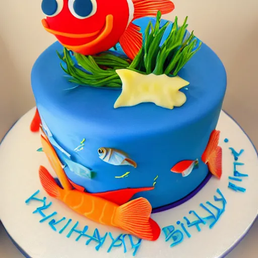 Prompt: fish themed birthday cake, food photography, michelin star,