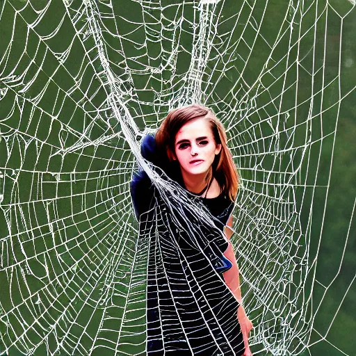 Image similar to emma watson hanging and trapped in giant spider webs with face covered