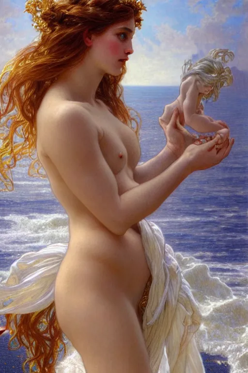 Prompt: painted portrait of aphrodite in the ocean, goddess of love, greek god, feminine, powerful, beautiful, upper body, white robe, muscular, fantasy, intricate, elegant, highly detailed, digital painting, artstation, concept art, smooth, sharp focus, illustration, art by gaston bussiere and alphonse mucha