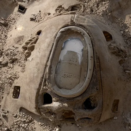 Prompt: a fossil of spaceship excavated from the ruins of a super - ancient civilization