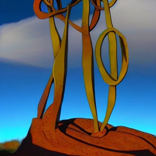 Prompt: This sculpture is simply stunning. It is a beautiful landscape sculpture of a desert scene, with mountains in the background and a bright sky. The colors are so vibrant and the detail is amazing. It is a truly beautiful sculpture. halloween by John Hejduk placid