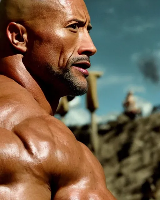 Image similar to film still close up shot of dwayne johnson as maximus from the movie gladiator. photographic, photography