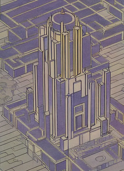 Prompt: isometric artdeco cathedral by frank lloyd wright, isometric, painted by piet mondrian in isometric from above