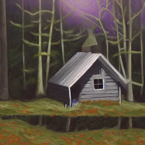 Image similar to a painting of a Eerie cabin in the middle of the woods in the style of Jackson Polluck