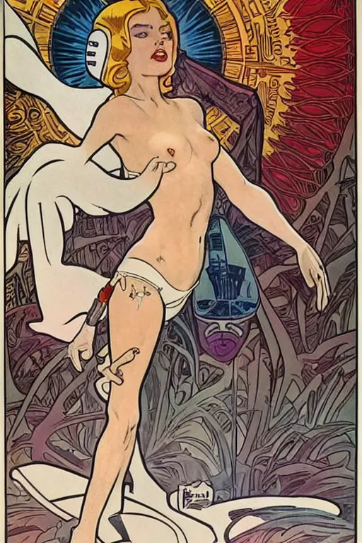 Image similar to female in white bikini with tattoos and stormtrooper helmet, well composed, clean elegant painting, beautiful detailed face. comic book art by steve ditko and jack kirby and ( alphonse mucha )