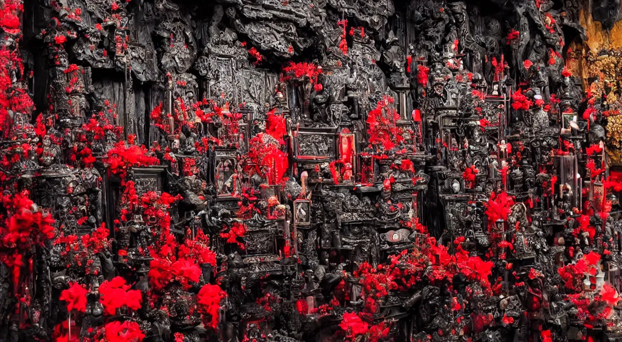 Image similar to Malevolent Shrine, Malevolent Shrine, Colorful Digital Photography, Surrounded by Black Water, Dark, Red Shrine, Traditional Shrine, Intricate Detail, ELS, ISO 100