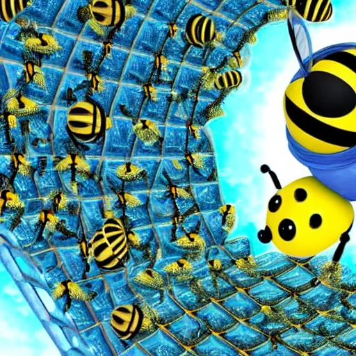 Prompt: a cute bee looking in awe at a huge hive in a massive cylindrical space station, epic, vibrant