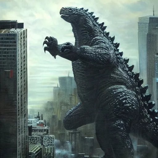 Prompt: a hyper-realistic studio oil-painting of a giant Godzilla destroying new-york; hyper-detailed; an extraordinary masterpiece!!!; flawless; trending on artstation