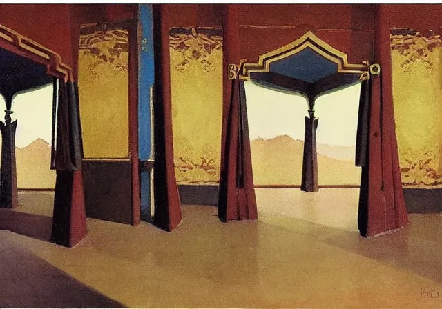 Image similar to a detailed oil painting of a arabian french large ball room, pillar, ominous,, curtains, by nicholas roerich, by gustave moreau, by frank frazetta, by hans emmenegger, by bruce pennington, by eyvind earle, moisture, grainy, highly detailed, realistic, outline, line,