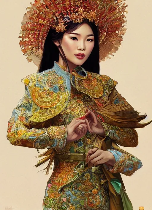 Prompt: portrait of an vietnam supermodels wearing traditional costume, highly detailed, digital painting, artstation, concept art, sharp focus, illustration, art by kittichai rueangchaichan and james gurney and alphonse mucha