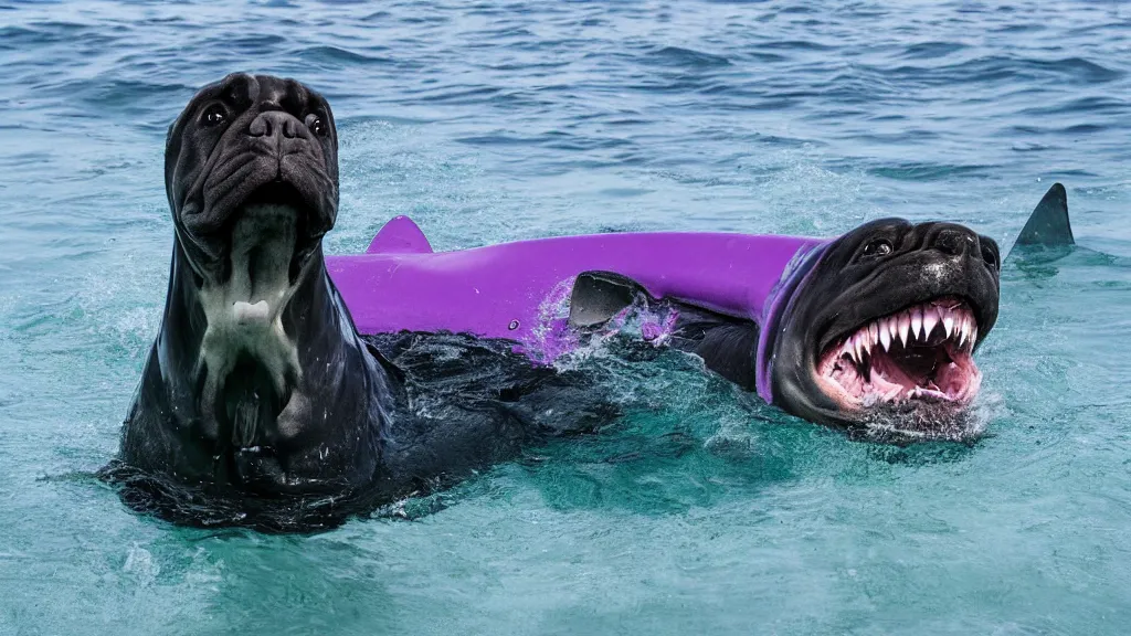 Image similar to A boerboel as a shark biting a purple inner tube