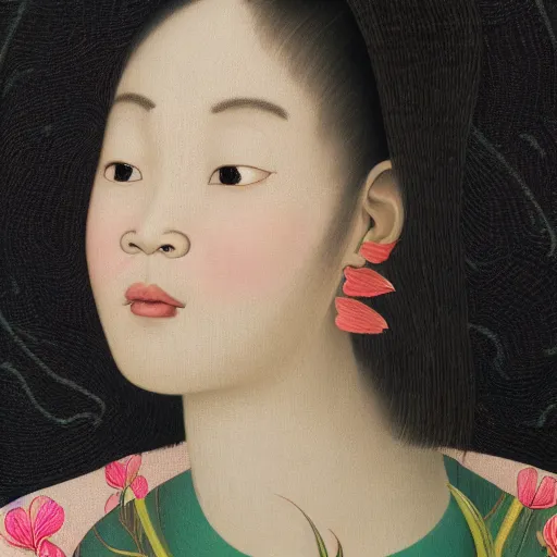 Prompt: a close-up portrait of a beautiful asian girl with gigantic flower n the background by James Jean, Nicolas Party and Maria Sibylla Merian