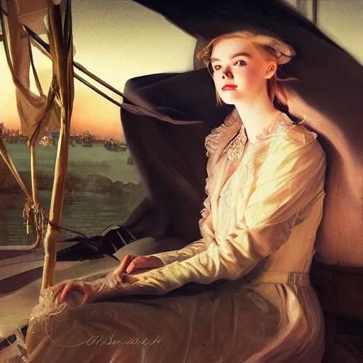 Image similar to Elle Fanning, nighttime, on a boat, artstation, by J. C. Leyendecker and Peter Paul Rubens,