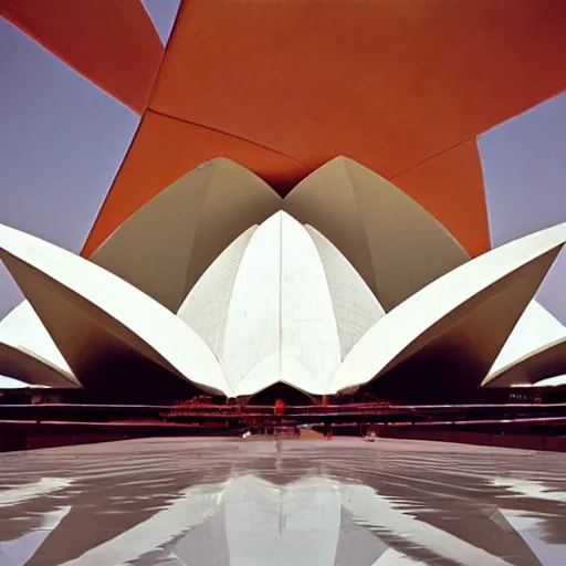 Image similar to futuristic lotus temple space station with gold, red and white marble panels, by buckminster fuller and syd mead, intricate contemporary architecture, photo journalism, photography, cinematic, national geographic photoshoot