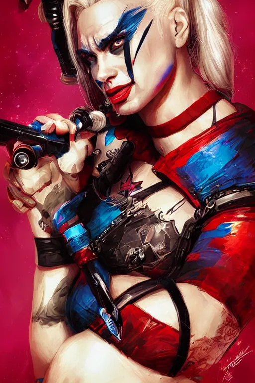 Image similar to A portrait of Dwayne Johnson as Harley Quinn by ross tran, hyper-detailed, intricate, wide angle, beautiful, fantasy, concept art