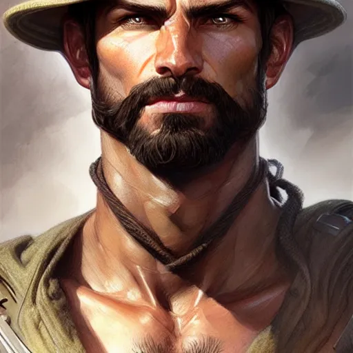 Image similar to Portrait of rugged male ranger, D&D, muscular, fantasy, intricate, elegant, highly detailed, digital painting, artstation, concept art, smooth, sharp focus, illustration, art by artgerm and greg rutkowski and alphonse mucha