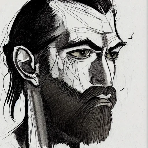 Prompt: very high angle view, very attractive man with beard, highly detailed full body, strong masculine features, 3/4 front view, slim, command presence, royalty, weathered face, smooth, sharp focus, organic, appealing, book cover, deep shadows, by Dave McKean sketch lineart for character design