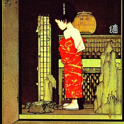 Image similar to Chihiro in a dark temple by Norman Rockwell