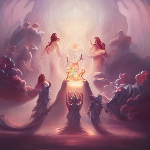 Image similar to angelical time keepers performing a ritual of planetary sacrifice, emotional, fantastic, stars, detailed, digital art, artstation by peter mohrbacher and artgerm, league of legends splash art