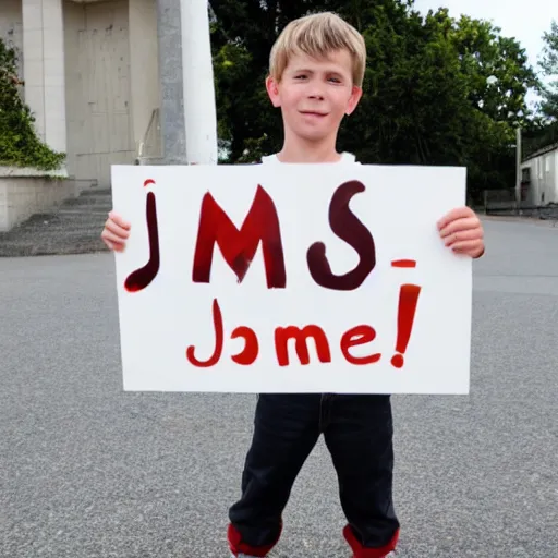 Prompt: A boy holding a sign saying, james