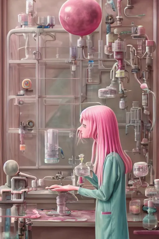 Prompt: highly detailed, industrial photograph profile photo of adult princess bubblegum from adventure time, detailed and intricate environment, working in her science lab, wearing lab coat, long bubblegum hair, long straight bangs, confident, beautiful, attractive, illustration concept art by nicoletta ceccoli, mark ryden, lostfish, 8 k resolution, hyperrealistic, octane render