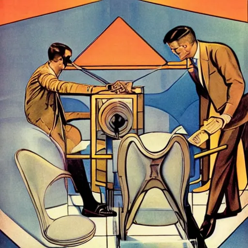 Image similar to man in futurist lab, 6 0 s ´ s design, leyendecker style