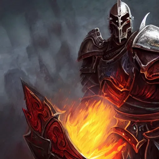 Image similar to Ares the god of war with heavy armor and sword, heavy knight helmet, dark sword in Ares's hand, war theme, bloodbath battlefield background, fiery battle coloring, hearthstone art style, epic fantasy style art, fantasy epic digital art, epic fantasy card game art