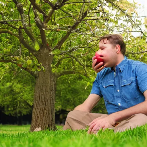 Prompt: a man eating an apple sitting beneath a tree