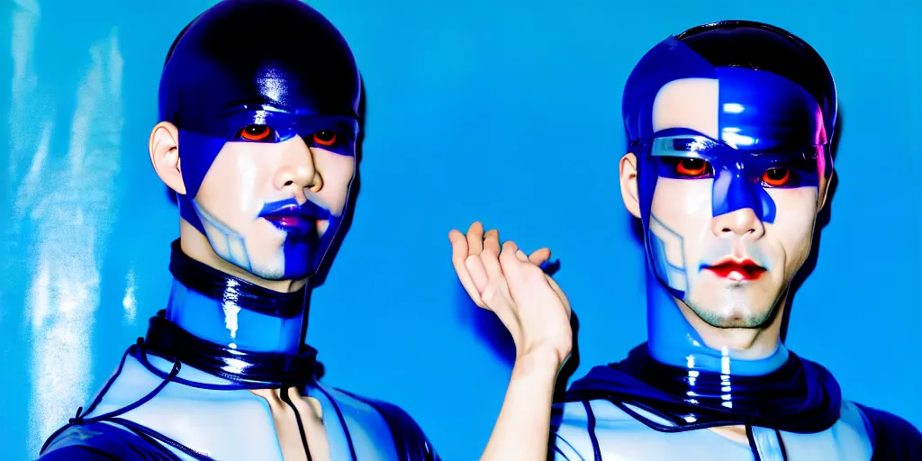 Image similar to a close - up risograph of cyberpunk japanese model men with black eyes and pretty face wearing latex catsuit and lots of transparent and cellophane accessories, blue hour, twilight, cool, portrait, kodachrome, iso 1 2 0 0, painting by mayumi hosokura