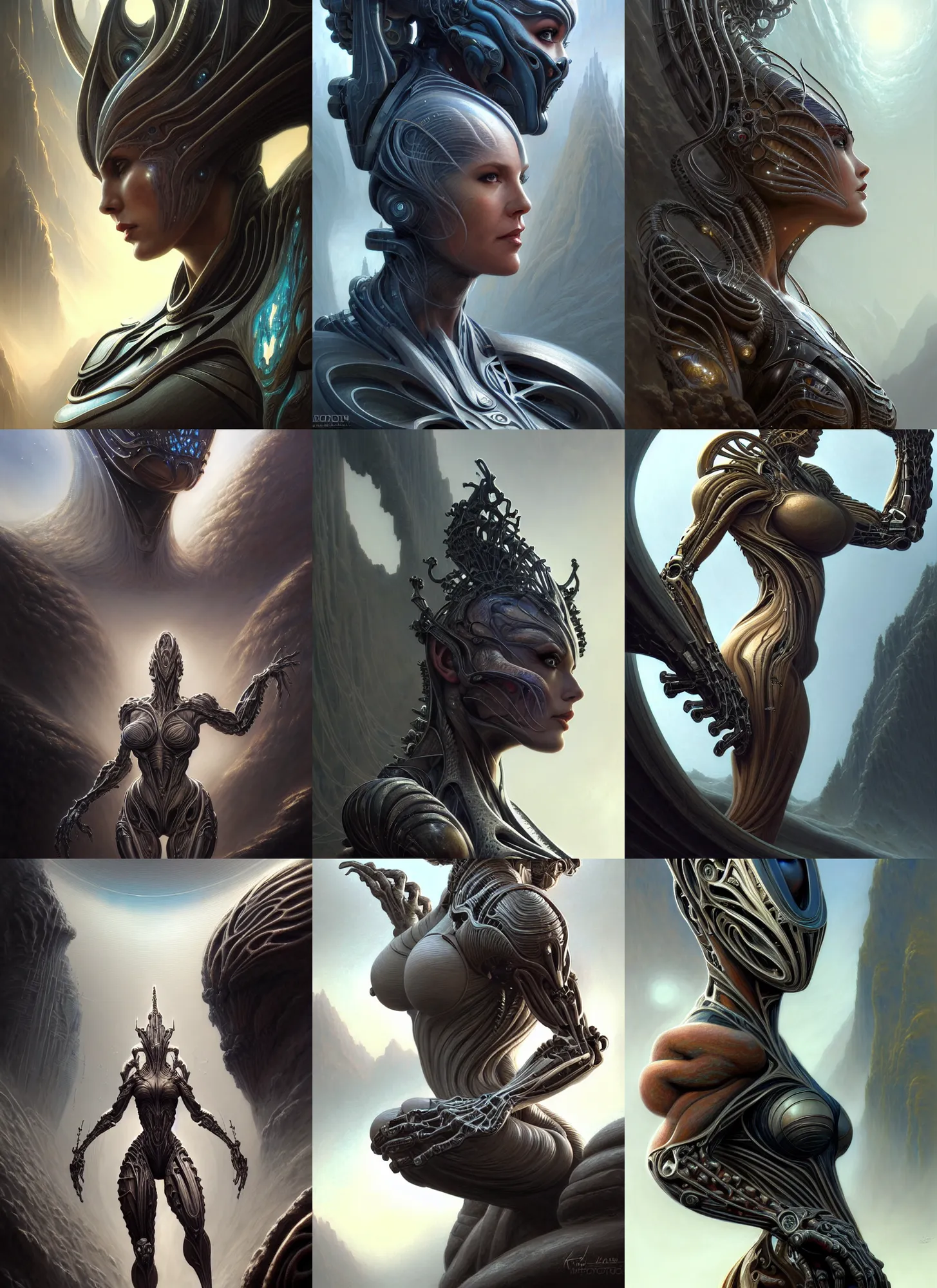 Prompt: closeup portrait shot of a big strong female biomechanic woman in a scenic scifi environment, intricate, elegant, highly detailed, centered, digital painting, artstation, concept art, smooth, sharp focus, warframe, illustration, luis royo, tomasz alen kopera, peter mohrbacher, donato giancola, leyendecker, boris vallejo