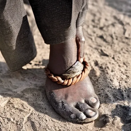 Prompt: a man with braid il wash his feets