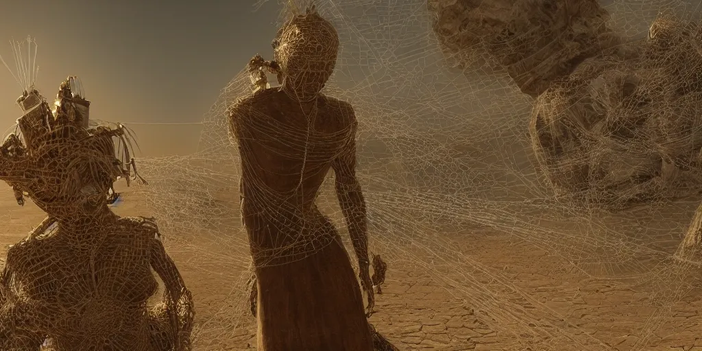 Prompt: A George Miller film, an ornate real character made out of intricate metallic filament webs and Endocrine system built out of dust and light, floating in the desert night, hyper-realism, very detailed feel, rendered in Octane, tiny points of light, caustic, 4k, beautiful lighting